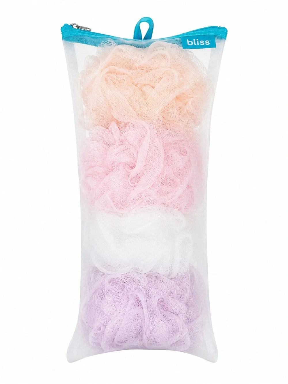 Bliss Pastel Mesh Bath Pouf Set - Peach, Pink, White, Lavender